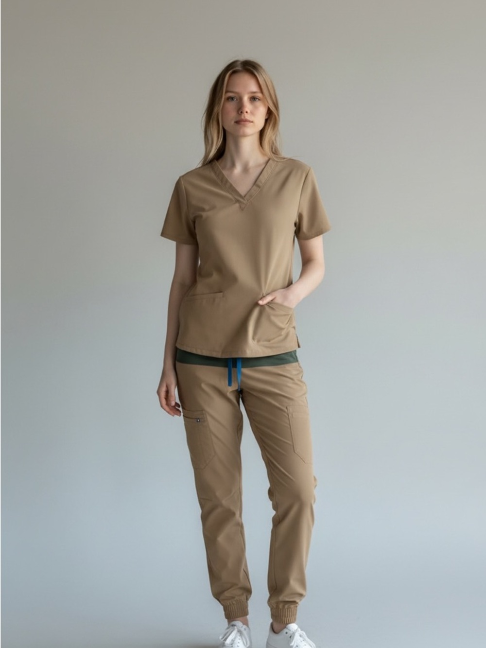 Figs Tan V-Neck sandstone three pocket jogger scrub set like new XXS/XS